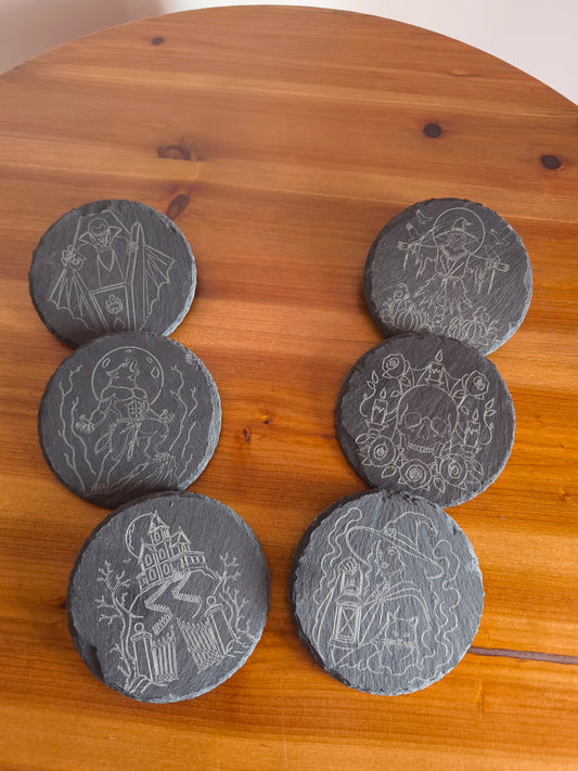 Dessous de Verre Halloween — Lot de 6 ardoise gravé au laser